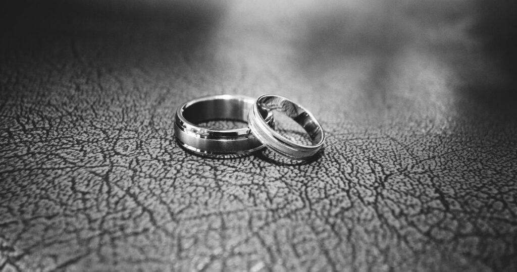 close up of wedding rings on floor
